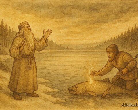 An illustration of Väinämöinen and Ilmarinen retrieving fire, Finnish Kalevala scene.