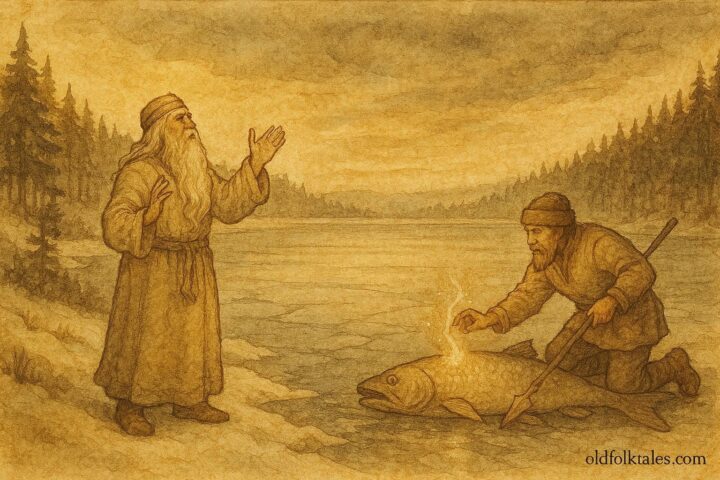 An illustration of Väinämöinen and Ilmarinen retrieving fire, Finnish Kalevala scene.