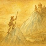 An illustration of hero climbing glass mountain to rescue princess, Scandinavian folktale.