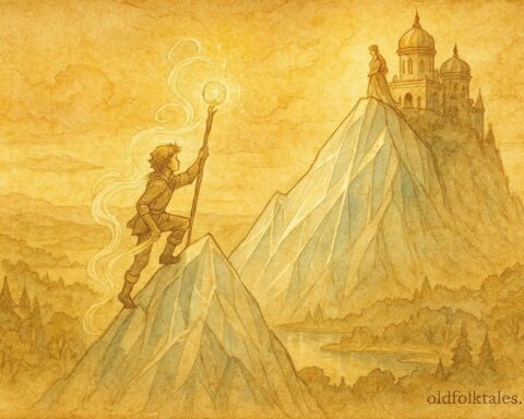 An illustration of hero climbing glass mountain to rescue princess, Scandinavian folktale.