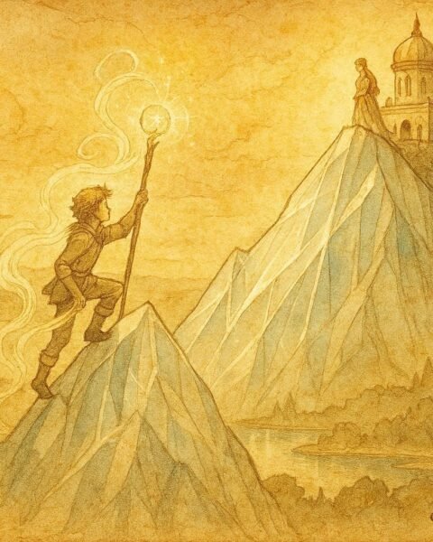 An illustration of hero climbing glass mountain to rescue princess, Scandinavian folktale.