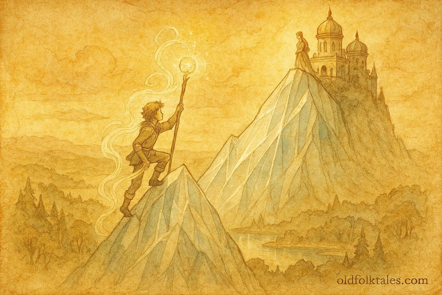 An illustration of hero climbing glass mountain to rescue princess, Scandinavian folktale.
