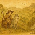 An illustration of Diogo and the enchanted wolf Lobo protecting sheep, Portuguese folktale scene.
