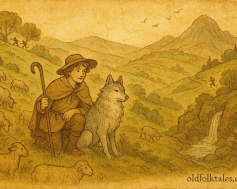 An illustration of Diogo and the enchanted wolf Lobo protecting sheep, Portuguese folktale scene.