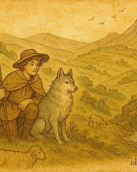 An illustration of Diogo and the enchanted wolf Lobo protecting sheep, Portuguese folktale scene.