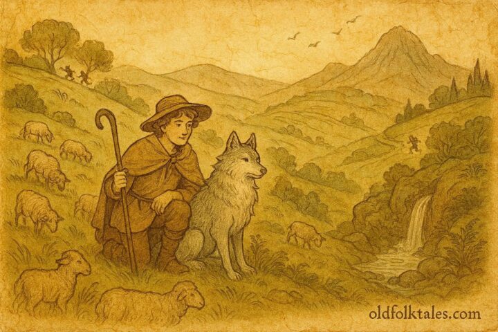 An illustration of Diogo and the enchanted wolf Lobo protecting sheep, Portuguese folktale scene.
