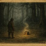 An Parchment-style illustration of peasant and glowing talking skull in Belarusian forest.