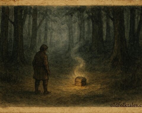 An Parchment-style illustration of peasant and glowing talking skull in Belarusian forest.