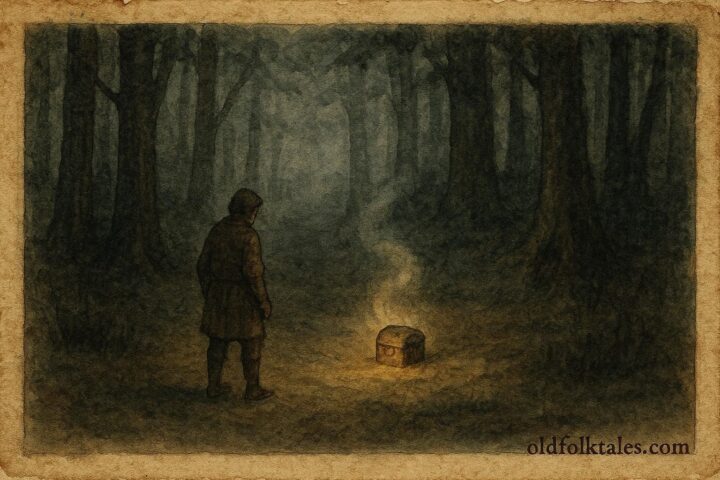 An Parchment-style illustration of peasant and glowing talking skull in Belarusian forest.