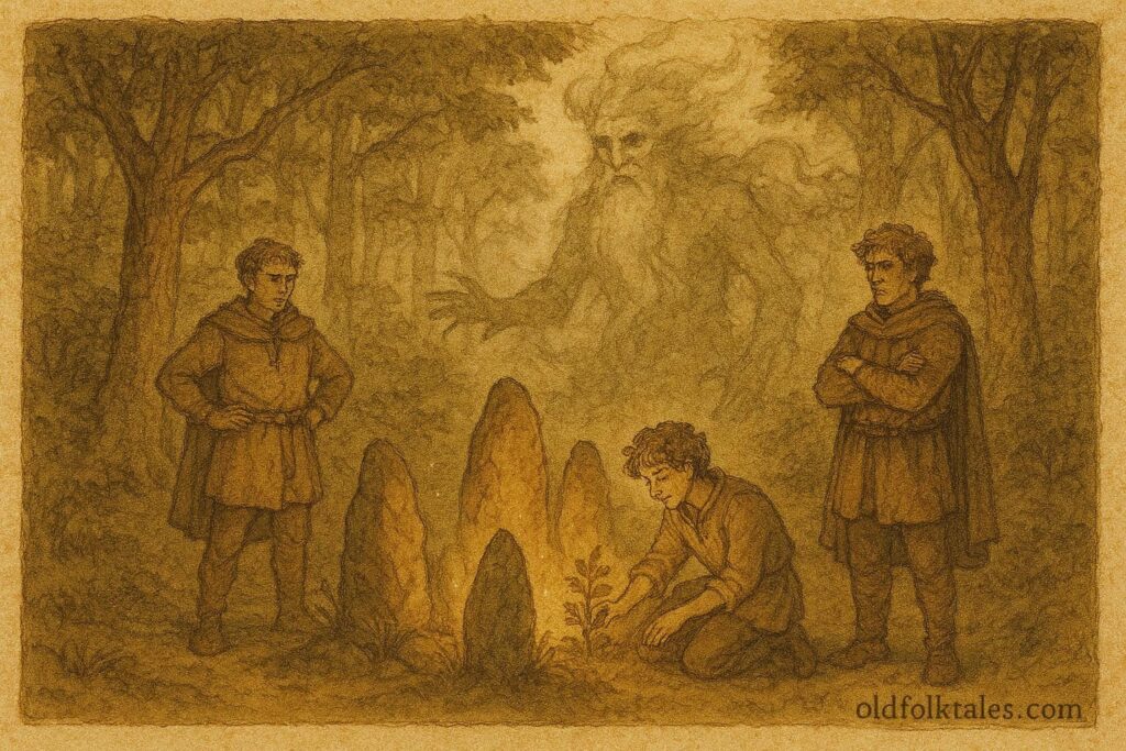 Parchment-style brothers facing forest spirit trials in Ardennes forest folktale scene.