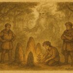Parchment-style brothers facing forest spirit trials in Ardennes forest folktale scene.