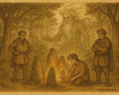 Parchment-style brothers facing forest spirit trials in Ardennes forest folktale scene.