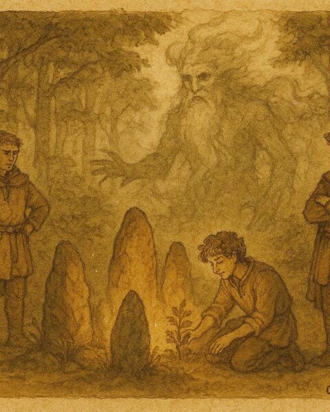 Parchment-style brothers facing forest spirit trials in Ardennes forest folktale scene.