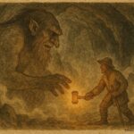 An illustration of Norwegian farmer outsmarting troll to claim magical hammer.