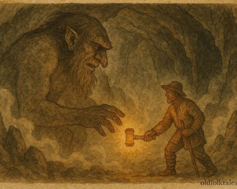 An illustration of Norwegian farmer outsmarting troll to claim magical hammer.