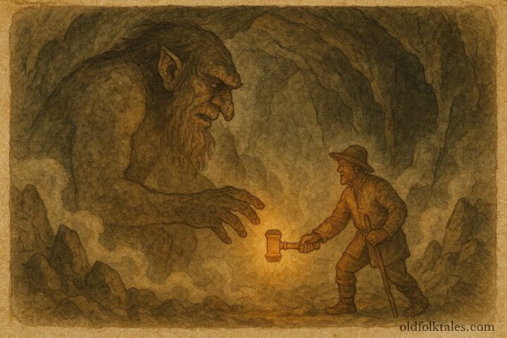 An illustration of Norwegian farmer outsmarting troll to claim magical hammer.