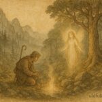 An illustration of shepherd and vila at mountain spring, Balkan folktale scene.