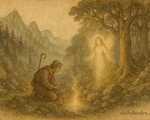 An illustration of shepherd and vila at mountain spring, Balkan folktale scene.