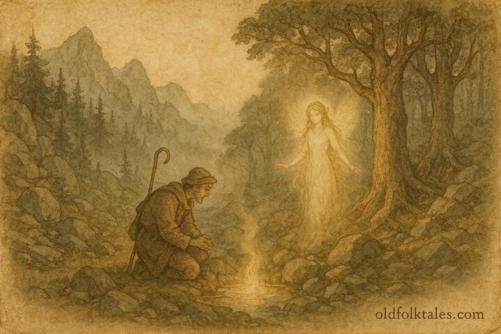 An illustration of shepherd and vila at mountain spring, Balkan folktale scene.