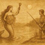 An illustration of Syrenka with sword and shield by river, Polish folktale scene.