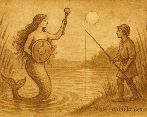An illustration of Syrenka with sword and shield by river, Polish folktale scene.