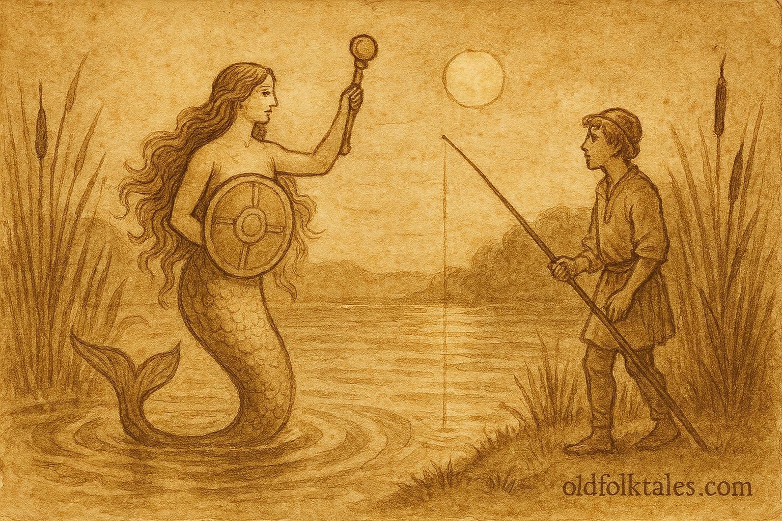 An illustration of Syrenka with sword and shield by river, Polish folktale scene.
