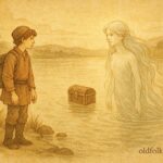 An illustration of miller’s son meeting water sprite at lake, Croatian folktale scene.