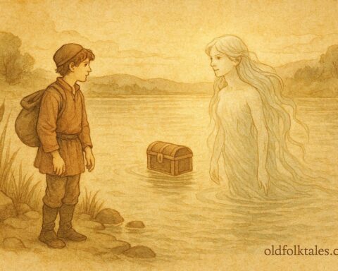 An illustration of miller’s son meeting water sprite at lake, Croatian folktale scene.