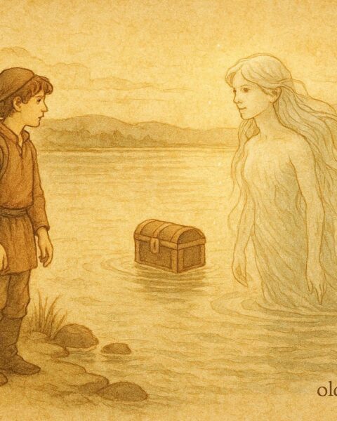 An illustration of miller’s son meeting water sprite at lake, Croatian folktale scene.