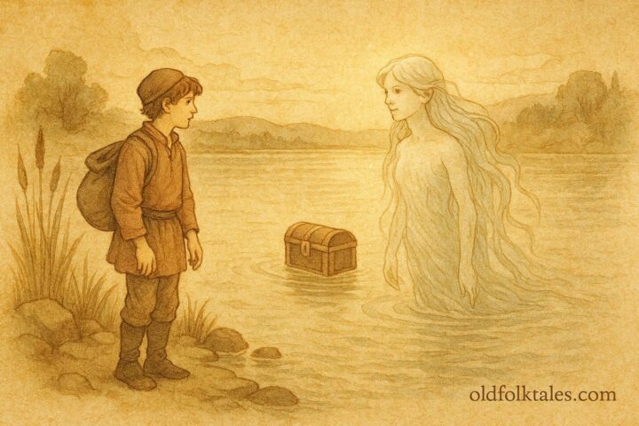 An illustration of miller’s son meeting water sprite at lake, Croatian folktale scene.