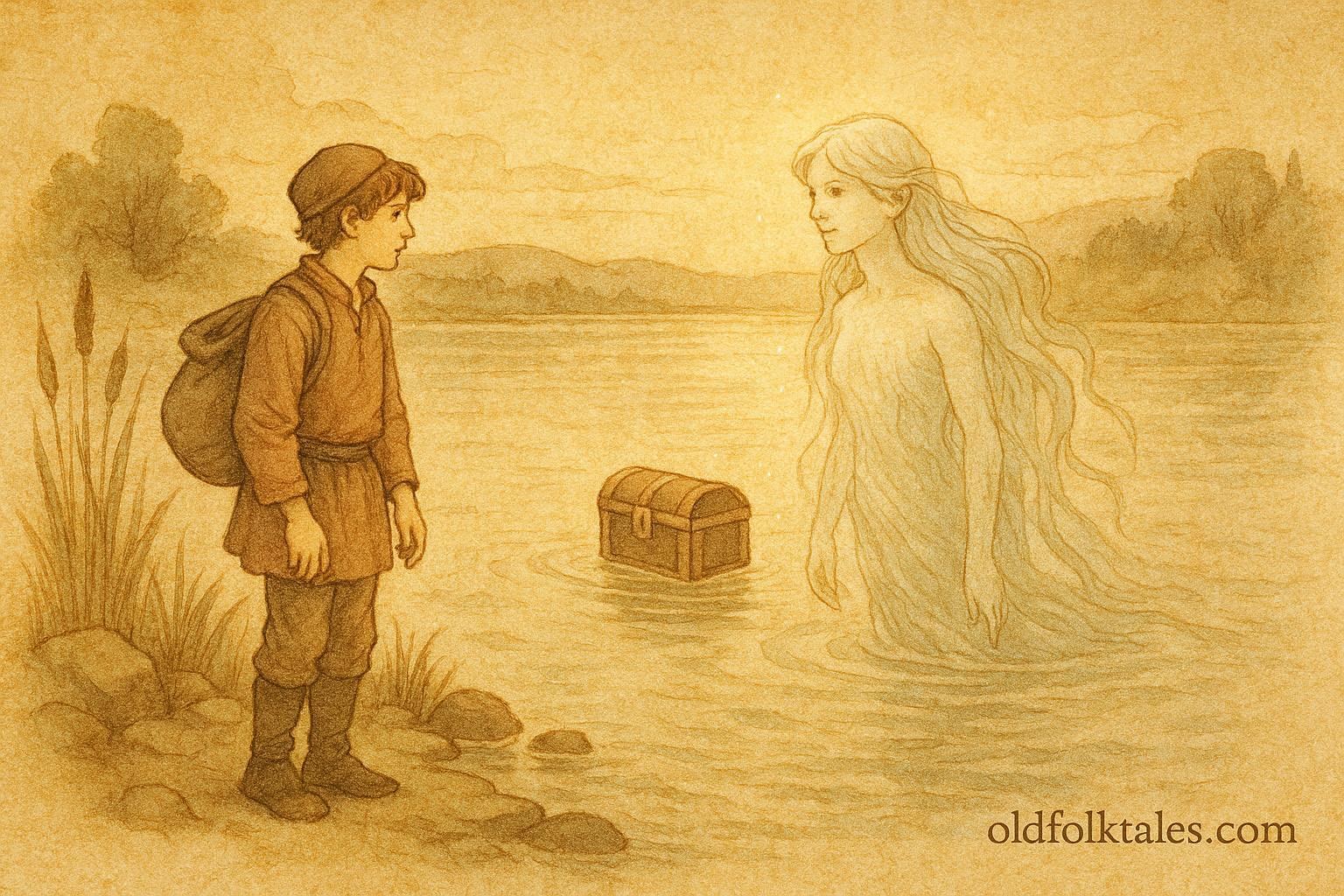 An illustration of miller’s son meeting water sprite at lake, Croatian folktale scene.