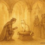 The prince meeting white cat in enchanted castle, French fairy tale scene.
