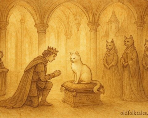 The prince meeting white cat in enchanted castle, French fairy tale scene.