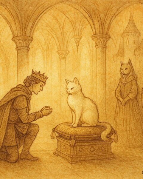 The prince meeting white cat in enchanted castle, French fairy tale scene.