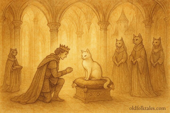The prince meeting white cat in enchanted castle, French fairy tale scene.