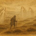 White Wives guiding traveler through misty Dutch heathland scene.