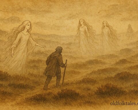 White Wives guiding traveler through misty Dutch heathland scene.