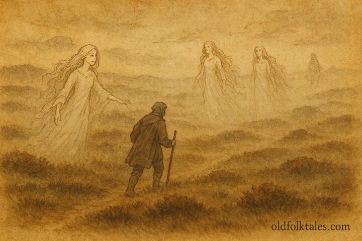 White Wives guiding traveler through misty Dutch heathland scene.