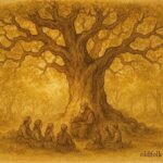 An illustration of villagers listening to a talking oak, Croatian forest folktale scene.