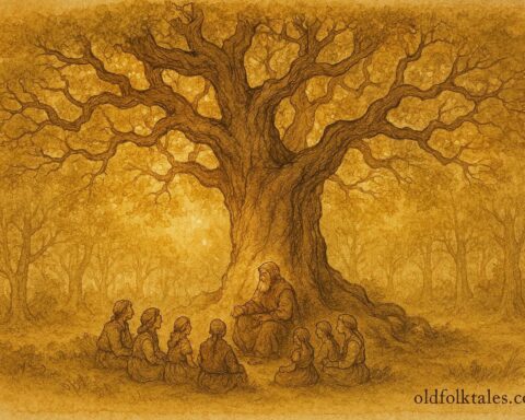 An illustration of villagers listening to a talking oak, Croatian forest folktale scene.