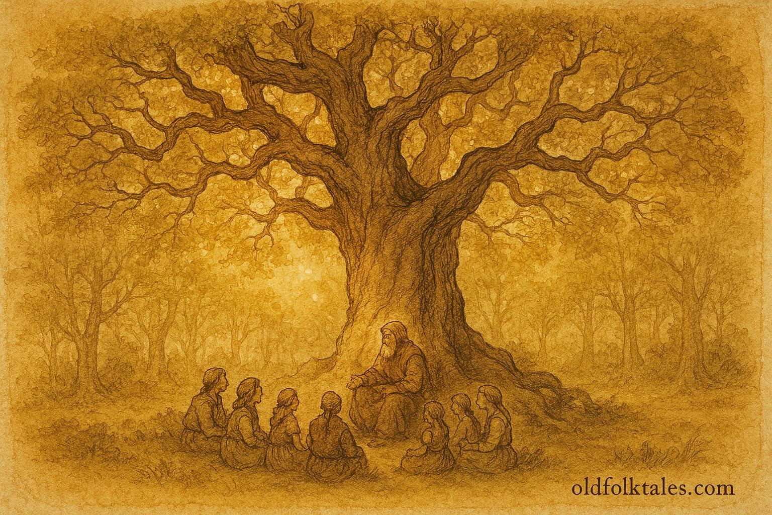 An illustration of villagers listening to a talking oak, Croatian forest folktale scene.