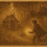 An illustration of the youngest brother confronting a witch, Hungarian folktale scene.