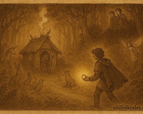 An illustration of the youngest brother confronting a witch, Hungarian folktale scene.