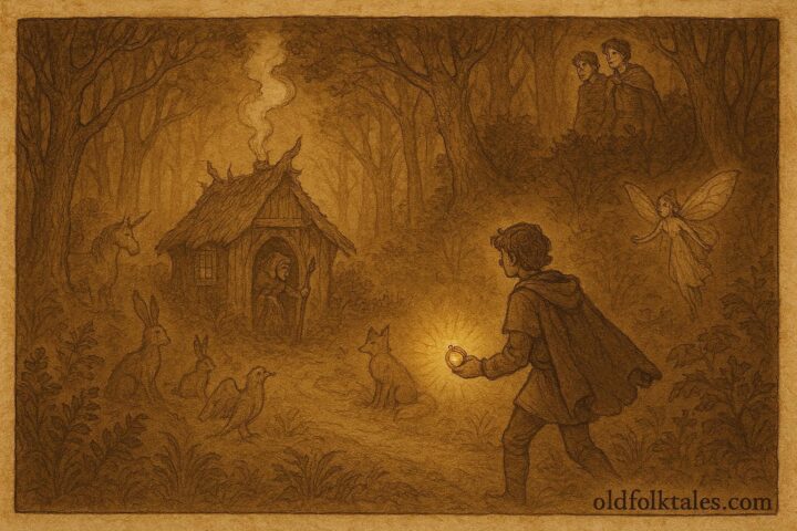 An illustration of the youngest brother confronting a witch, Hungarian folktale scene.