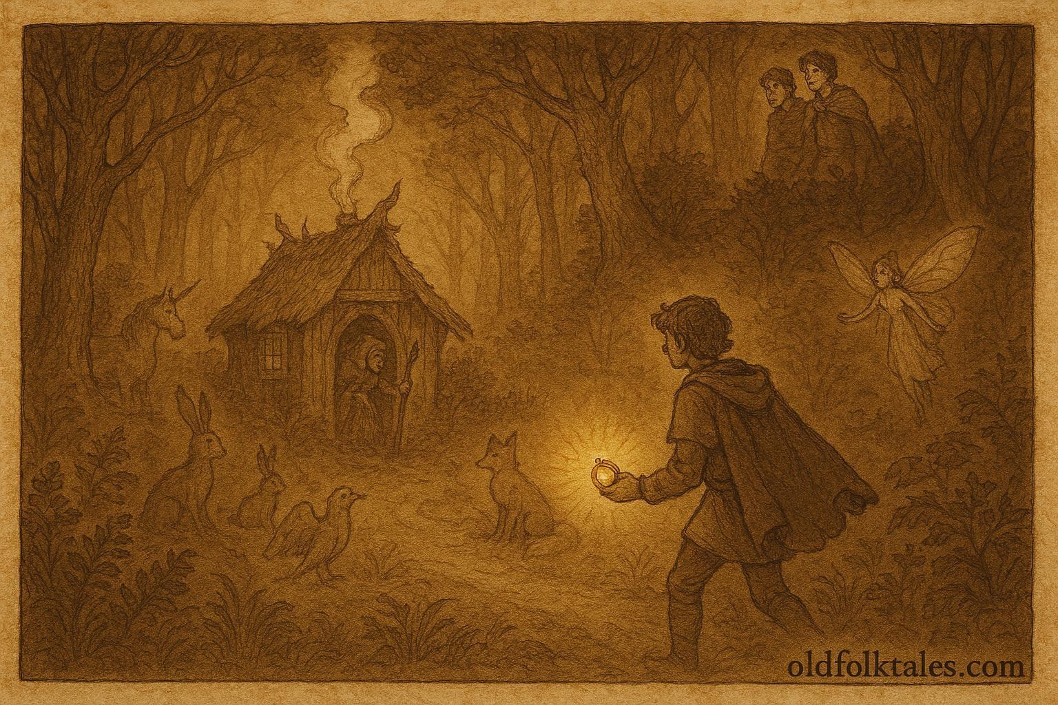 An illustration of the youngest brother confronting a witch, Hungarian folktale scene.